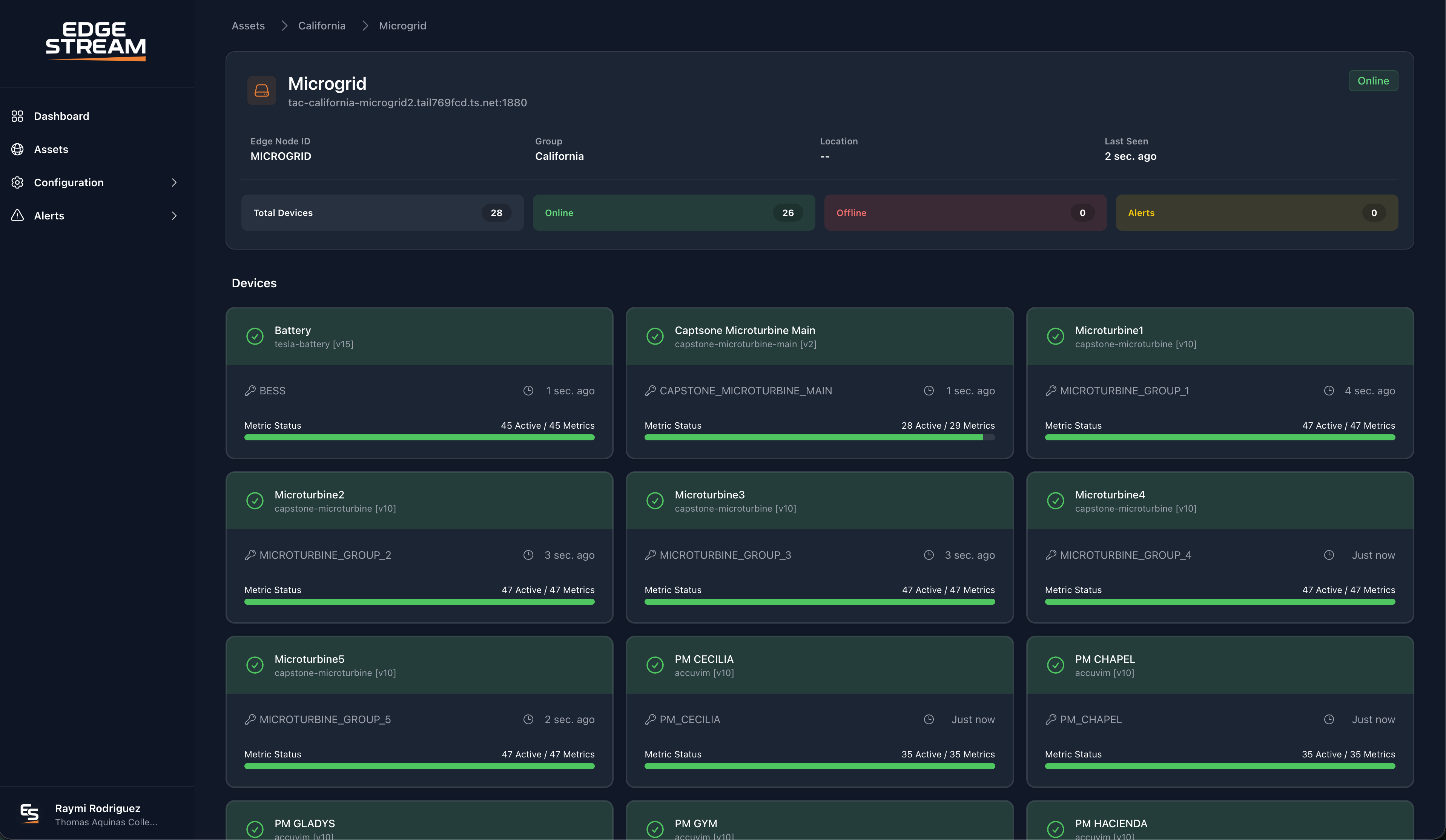 Edge Stream desktop dashboard showing a California microgrid asset view